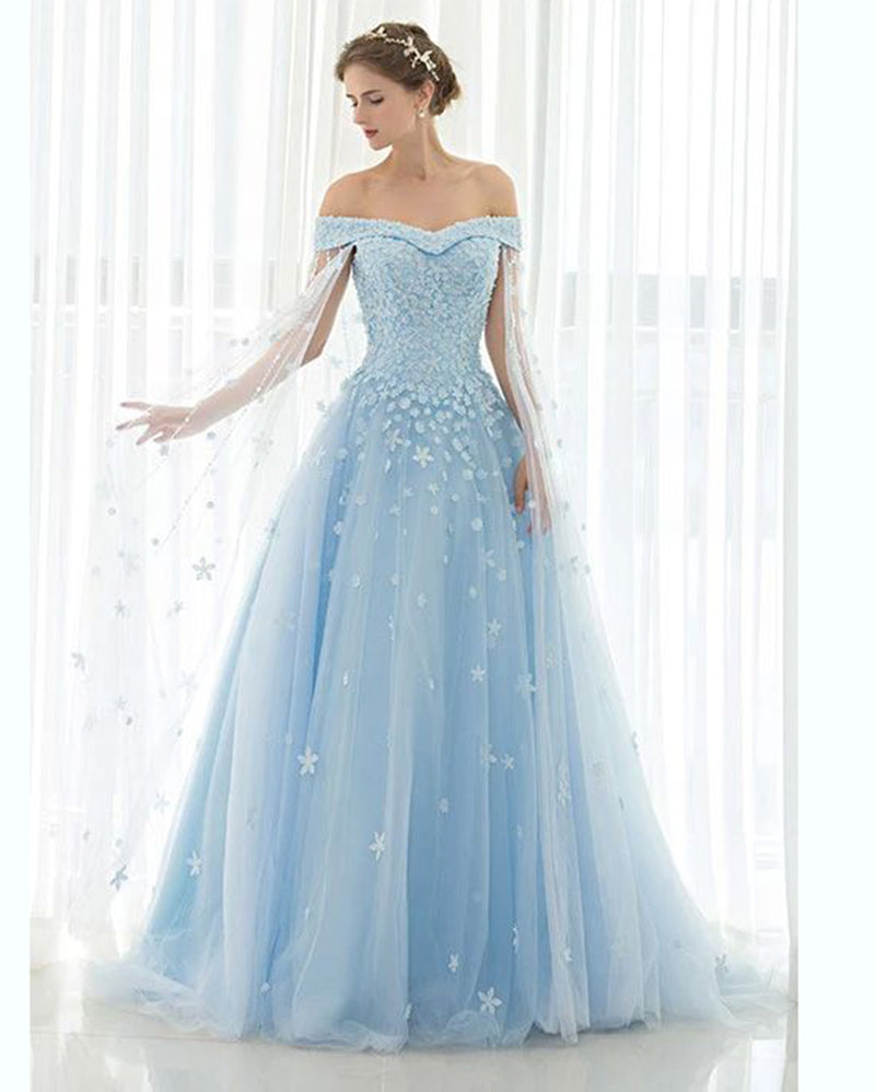 Beautiful Flowers Handamde Off the Shoulder Elsa Ice Blue Prom Dresses Long Vestido Longo PL10227