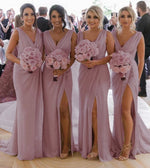 Pleated Chiffon Long Mermaid Slit Dusty Mauve Pink Bridesmaid Dress for Wedding,Women Maid of Honor Dresses PL10224