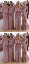Pleated Chiffon Long Mermaid Slit Dusty Mauve Pink Bridesmaid Dress for Wedding,Women Maid of Honor Dresses PL10224