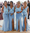 Chiffon V Neck Beige Bridesmaid Dresses Long with Slit fitted wedding parry gown PL621