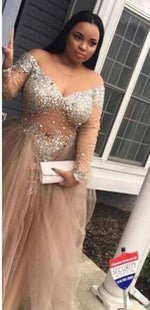 Champagne see through long sleeves prom dresses slit Evening Gown LP6612