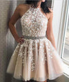 Corset Halter Short Graduation Dress White Lace Cocktail  Party Gown for Junior Girls Beaded Belt  SP05273