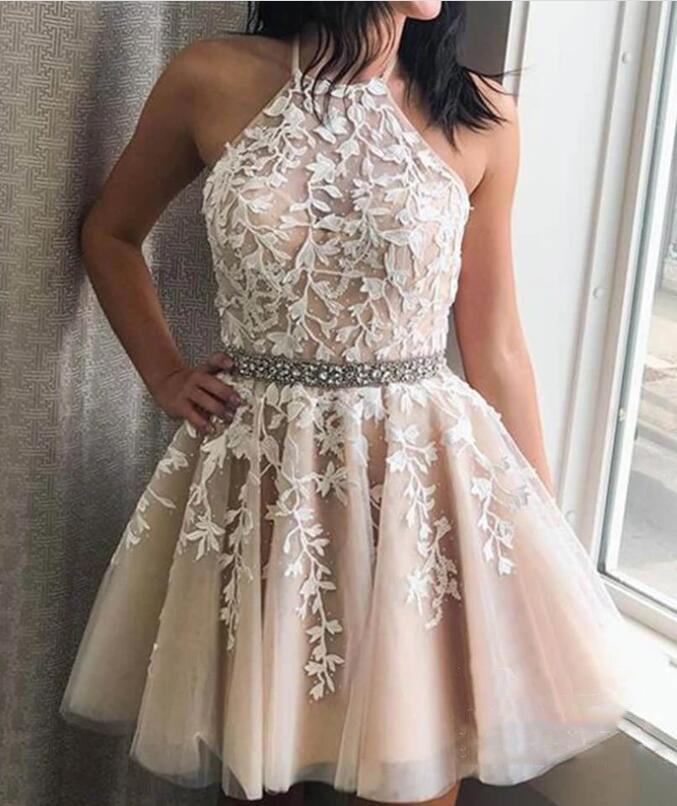 Corset Halter Short Graduation Dress White Lace Cocktail  Party Gown for Junior Girls Beaded Belt  SP05273