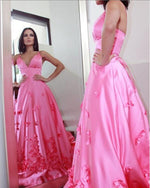 Fushsia Pink V Beck A Line Satin Handmade Flowers Pageant Gown ,Fomral Prom Dress Girls ,Gradaution Dress ,PL10413