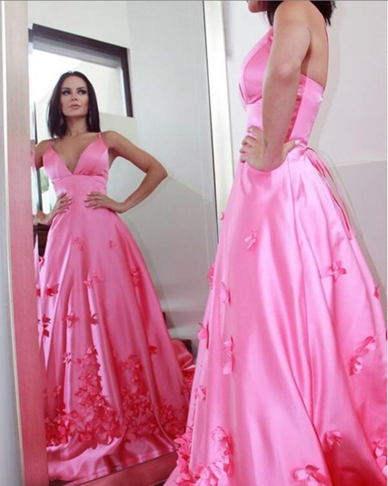 Fushsia Pink V Beck A Line Satin Handmade Flowers Pageant Gown ,Fomral Prom Dress Girls ,Gradaution Dress ,PL10413