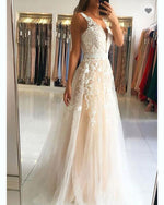 Classic Sweep/Brush Train Long Ivory Nude Lace A Line V Neck  Dresses Gown PL103201