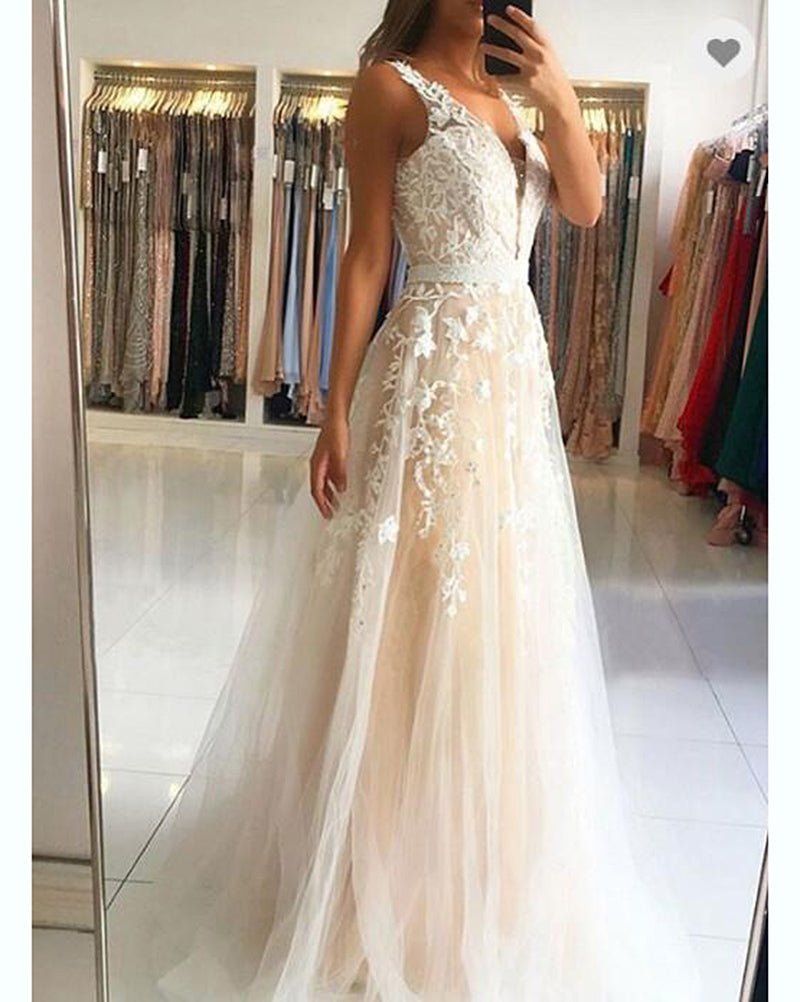 Classic Sweep/Brush Train Long Ivory Nude Lace A Line V Neck  Dresses Gown PL103201