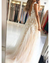 Classic Sweep/Brush Train Long Ivory Nude Lace A Line V Neck  Dresses Gown PL103201