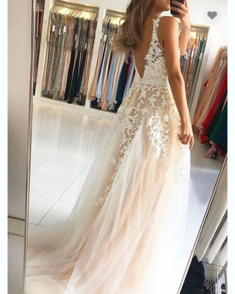 Classic Sweep/Brush Train Long Ivory Nude Lace A Line V Neck  Dresses Gown PL103201