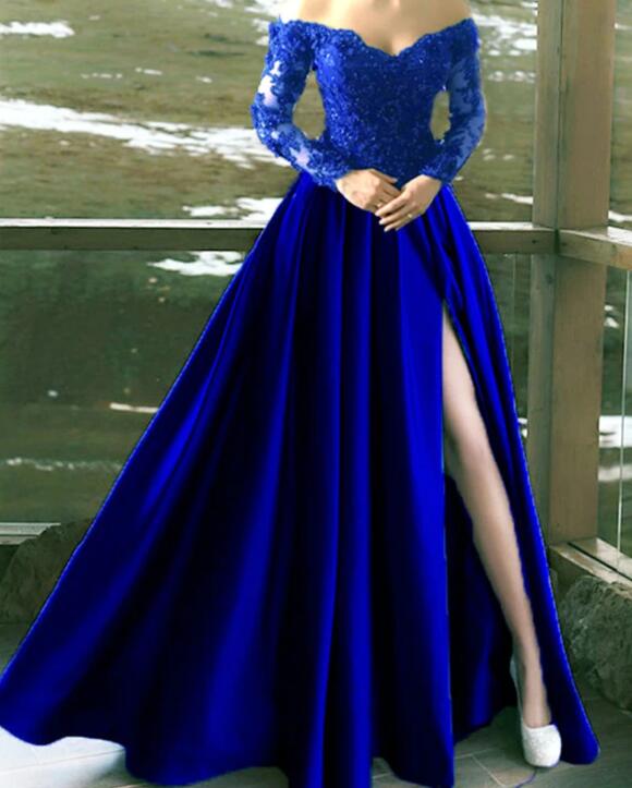 Emerald Green Long Sleeves Off The Shoulder Satin Lace Split Formal Dress Evening Gown PL10409