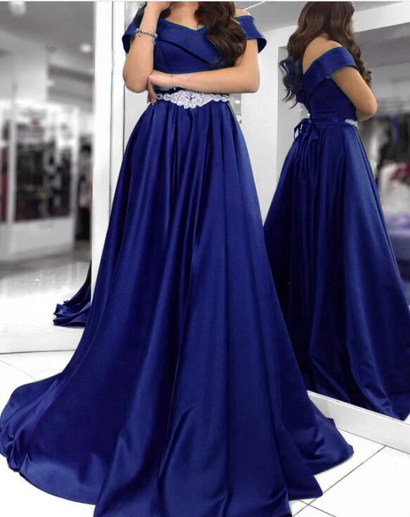 Off the Shoulder Satin A Line Formal Prom Dress with Belt Formal Eveni ...