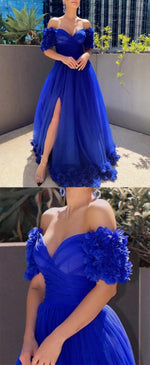 Beautiful Off the Shoulder Short Sleeves Royal Blue Long Prom Dresses with Handmade Flowers PL10428