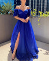 Beautiful Off the Shoulder Short Sleeves Royal Blue Long Prom Dresses with Handmade Flowers PL10428