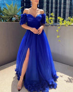 Beautiful Off the Shoulder Short Sleeves Royal Blue Long Prom Dresses with Handmade Flowers PL10428
