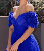 Beautiful Off the Shoulder Short Sleeves Royal Blue Long Prom Dresses with Handmade Flowers PL10428