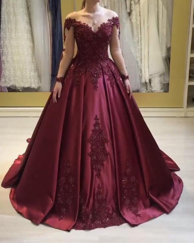 Burgundy Long Sleeves Ball Gown Wedding Dress,Women Lace Beading Formal Gown PL10419