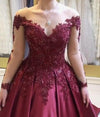 Burgundy Long Sleeves Ball Gown Wedding Dress,Women Lace Beading Formal Gown PL10419