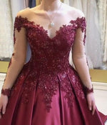 Burgundy Long Sleeves Ball Gown Wedding Dress,Women Lace Beading Formal Gown PL10419