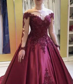 Burgundy Long Sleeves Ball Gown Wedding Dress,Women Lace Beading Formal Gown PL10419