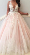 Sexy V Neck Tulle Floral   Blush Pink Iovry Lace Long Prom Dress Long PL10413