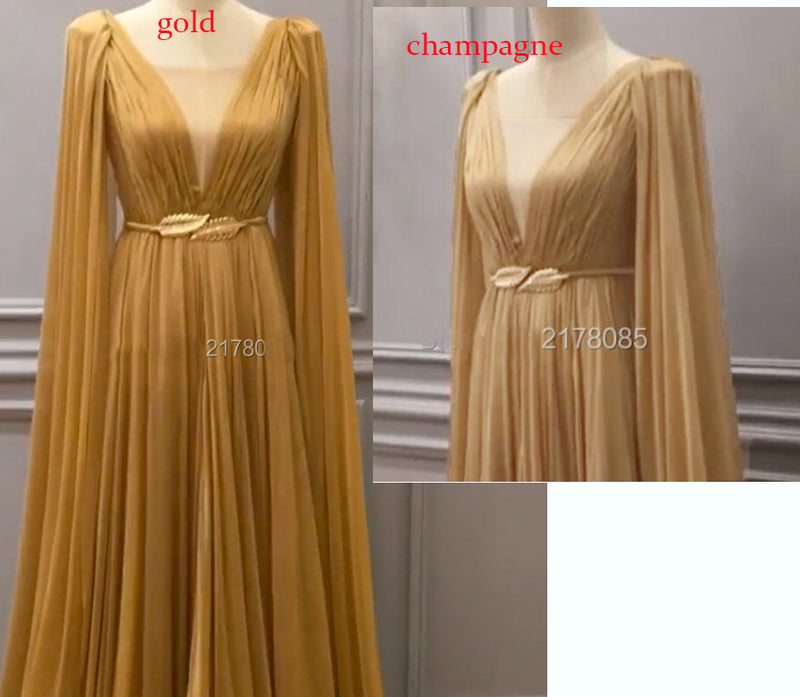 Arabic long gold evening dress long chiffon prom gown for women 2020