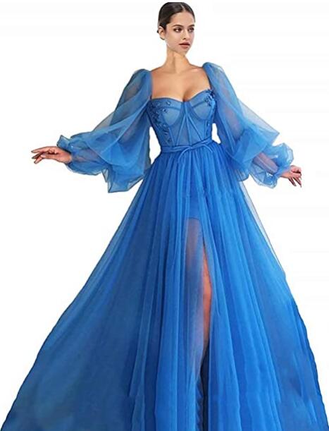 Princess  Long Blue Puffy Sleeve Prom Party Dresses  with Slit PL10427