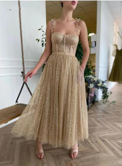 Siaoryne Gold Glitter Tea Length Prom Dresses Straps A Line Short Even