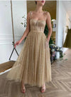 Siaoryne Gold Glitter Tea Length Prom Dresses Straps A Line Short Evening Dress Party dresses Custom Made PL10514