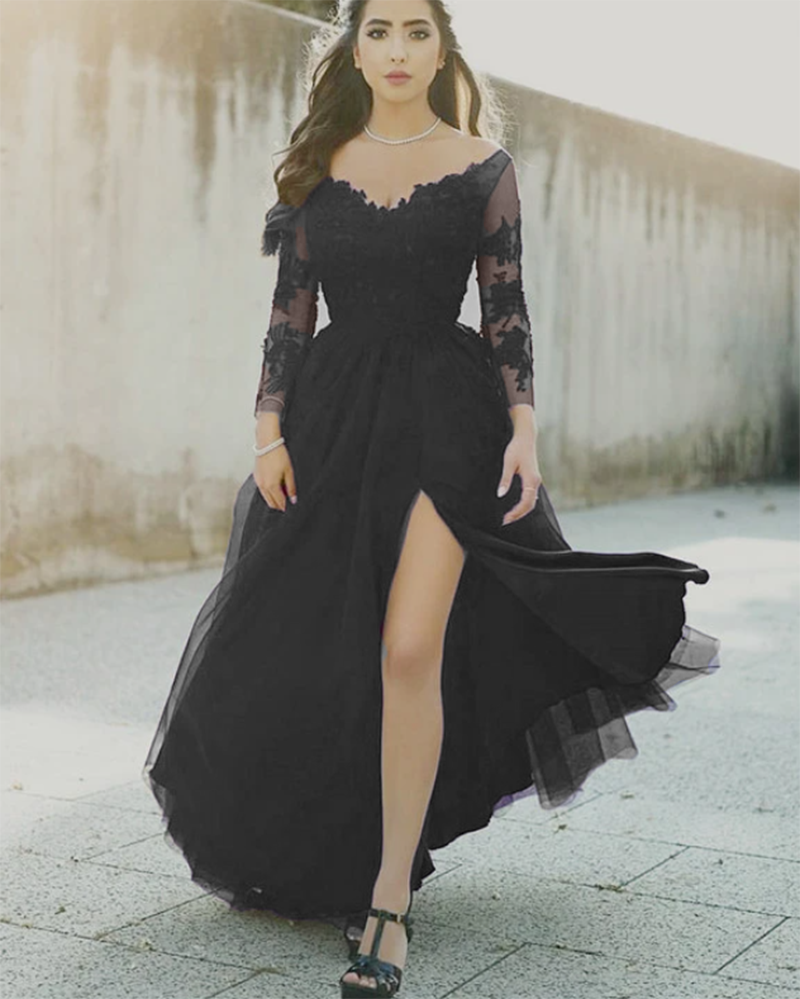 black lace formal dress with sleeves