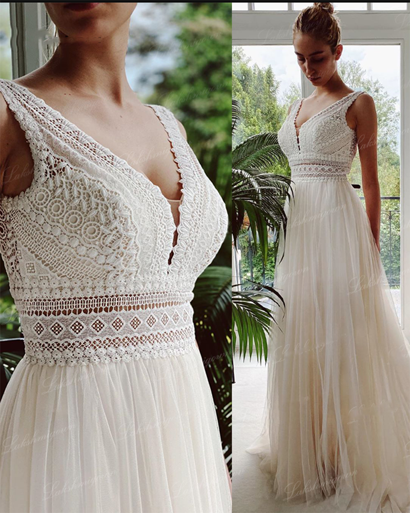 Vestidos de novia bohemios 2021, vestidos de novia de encaje con escote en V para playa, elegantes vestidos de novia de tul estilo bohemio en forma de A 
