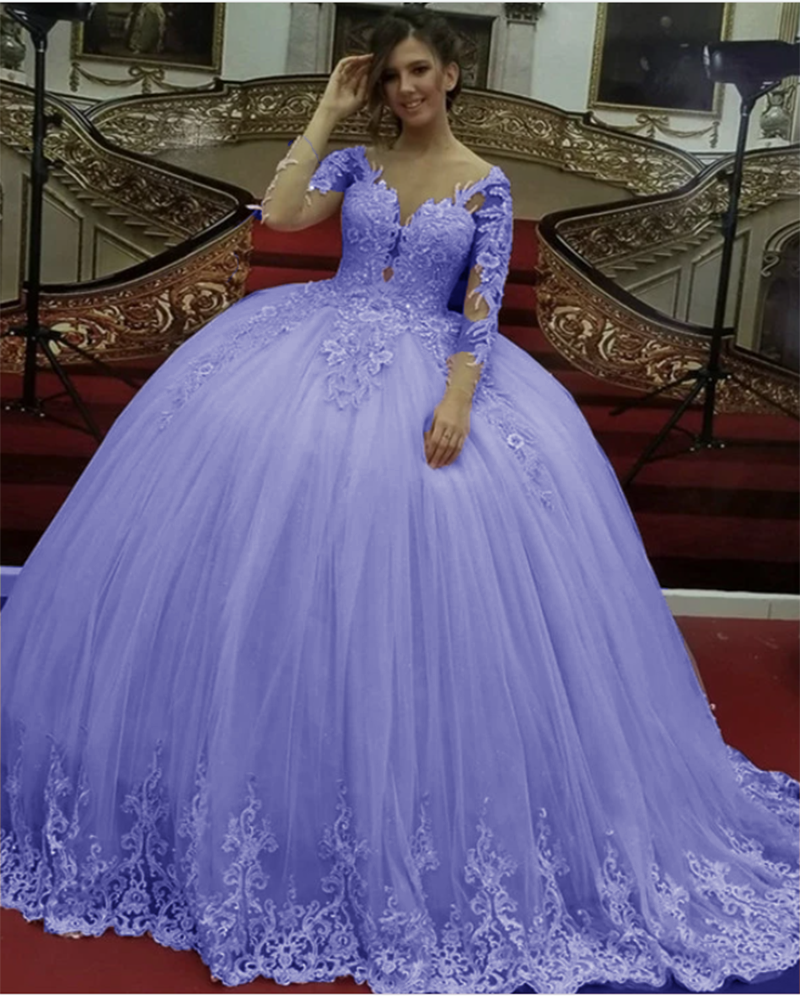 Vintage Long Sleeves Lace Ball Gown Lavender Sweet 16 Quinceanera Dress Gown Prom Dress PL10720