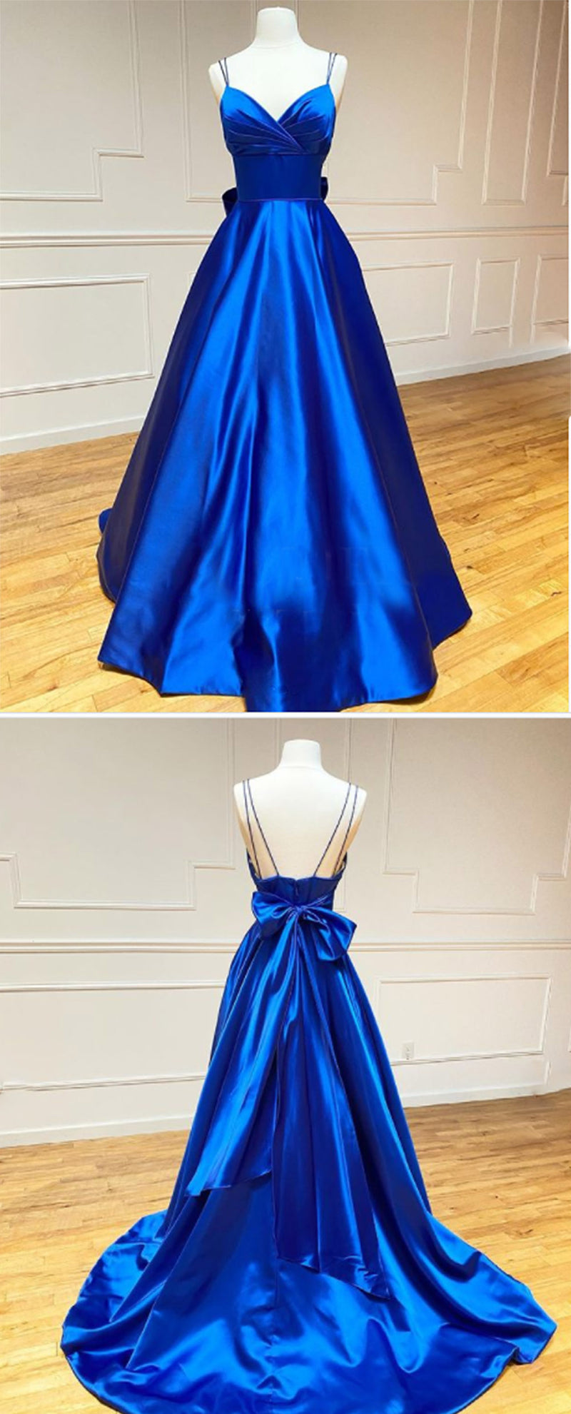 Blue Satin A-line Beaded Long Party Dress Evening Prom Dress, Blue Evening Dress