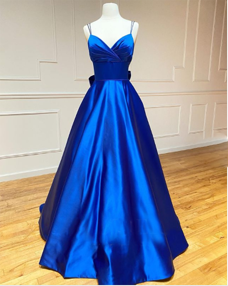 Elegant A Line Satin Royal Blue Prom Dress Long Evening Party Gown with Spaghetti Straps with Bow CB10824