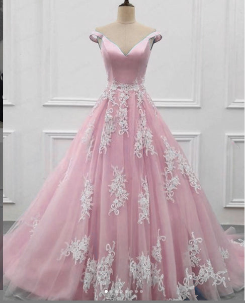 Off the Shoulder Lace  ivory Pink Formal Prom Gown ,Sweet 16 Dress, Wedding Dress PL10902