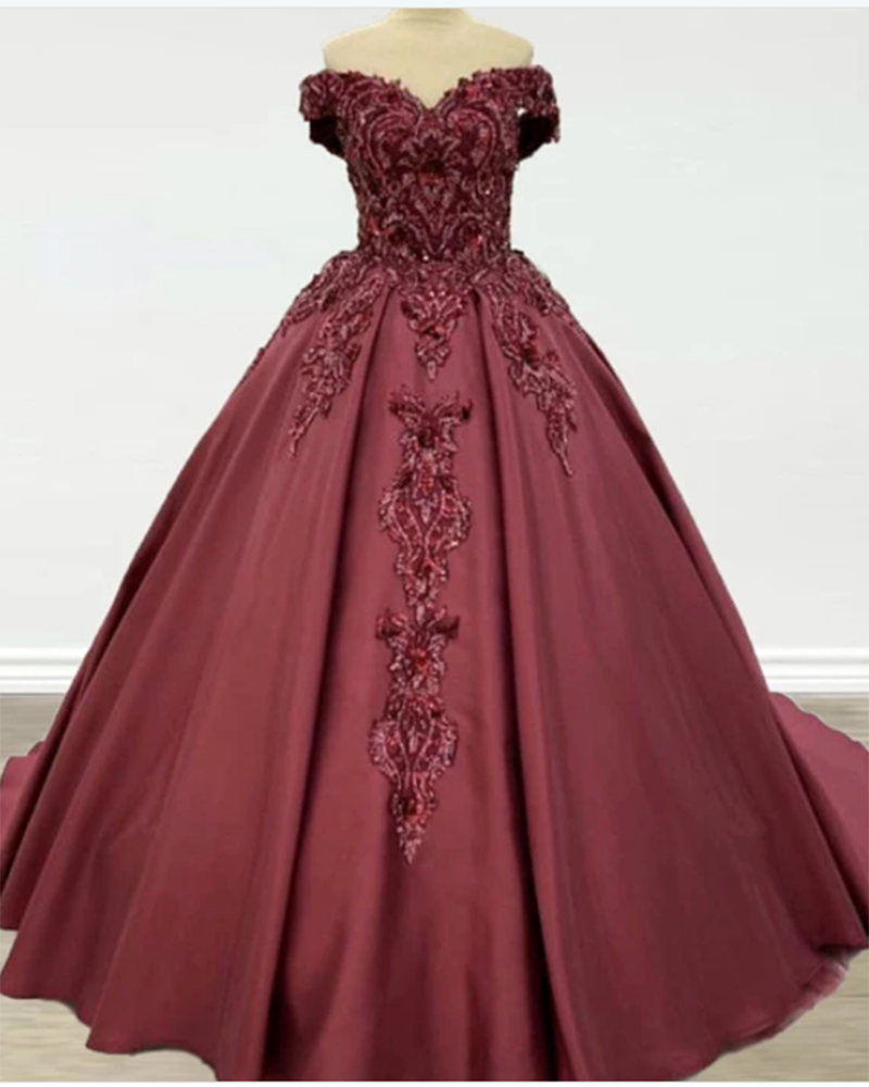 Hermoso vestido de novia con hombros descubiertos en color burdeos, vestido de fiesta formal de encaje y satén PL11021 