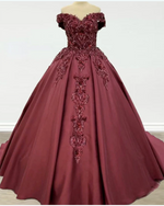 Gorgeous Burgundy Off the Shoulder Ball Gown Wedding Dress  Lace and Satin formal prom Gown PL11021