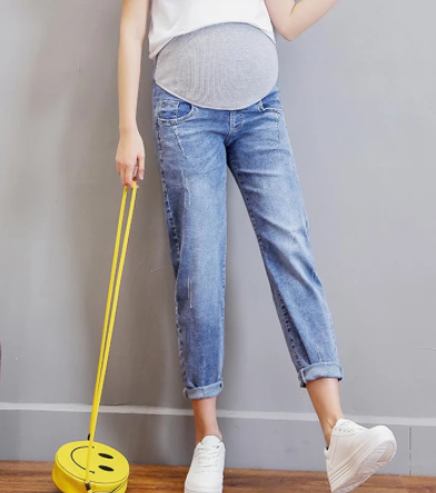 Vintgae Washed Denim Maternity Jeans for Pregnant Women Elastic Waist Belly Loose Pants Pregnancy Gravidas Clothing 2021