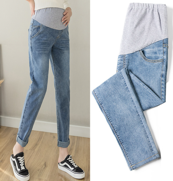 Vintgae Washed Denim Maternity Jeans for Pregnant Women Elastic Waist Belly Loose Pants Pregnancy Gravidas Clothing 2021