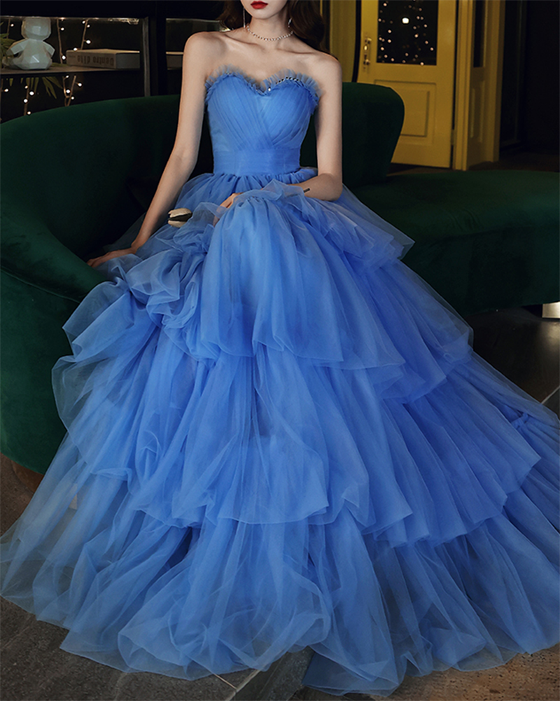 Vestidos de fiesta largos de noche con capas de tul azul elegante 2022 PL1223