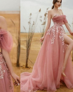 2022  Sexy Strapless Pink Formal Evening Dress Long with Lace high Slit Gown PL110202