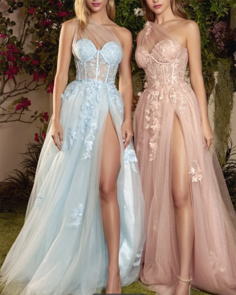 Vestido de fiesta formal largo de un hombro con encaje y abertura alta, azul/rosa polvoriento, PL2815