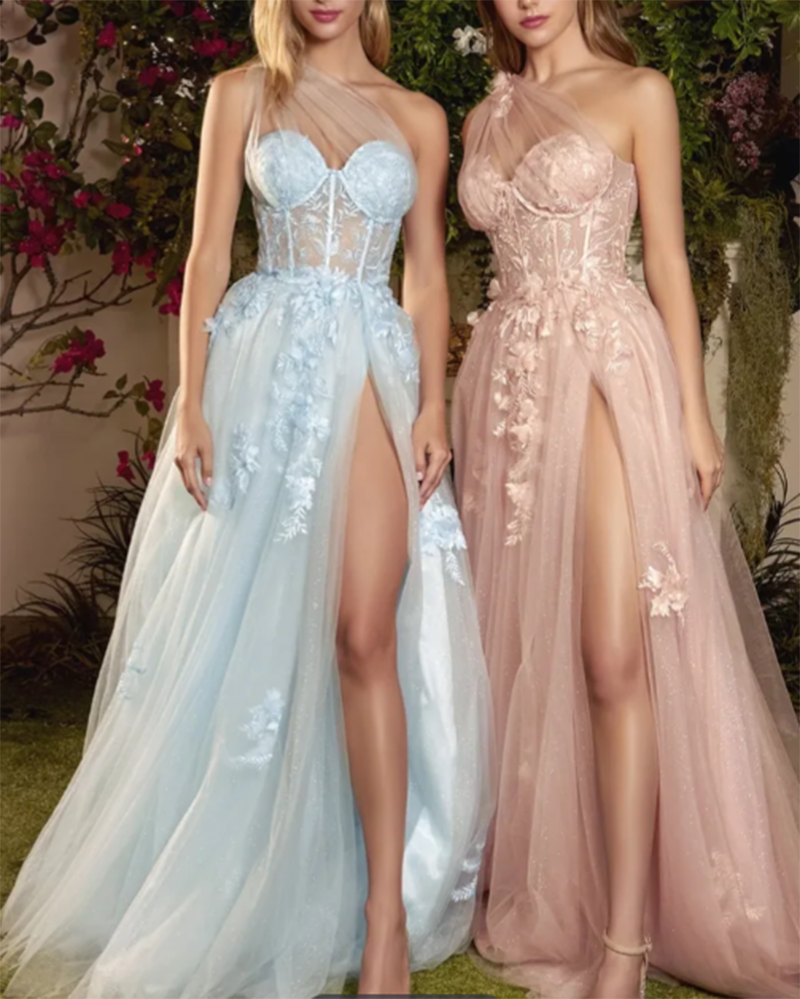 Blue/Dusty PinkSexy One  Shoulder Long Formal Prom Dress lace Party Dresses with High Slit PL2815