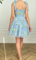 Light Blue Sexy Short Prom Dresses with Yellow Flowers Knee Length Homecoming Party Gown for Girls