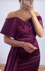 Plum Purple Fitted Long Evening Party Dress with Slit,Off the Shoulder Formal Wedding Bridesmaid Gowns with Train PL2819