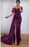 Plum Purple Fitted Long Evening Party Dress with Slit,Off the Shoulder Formal Wedding Bridesmaid Gowns with Train PL2819