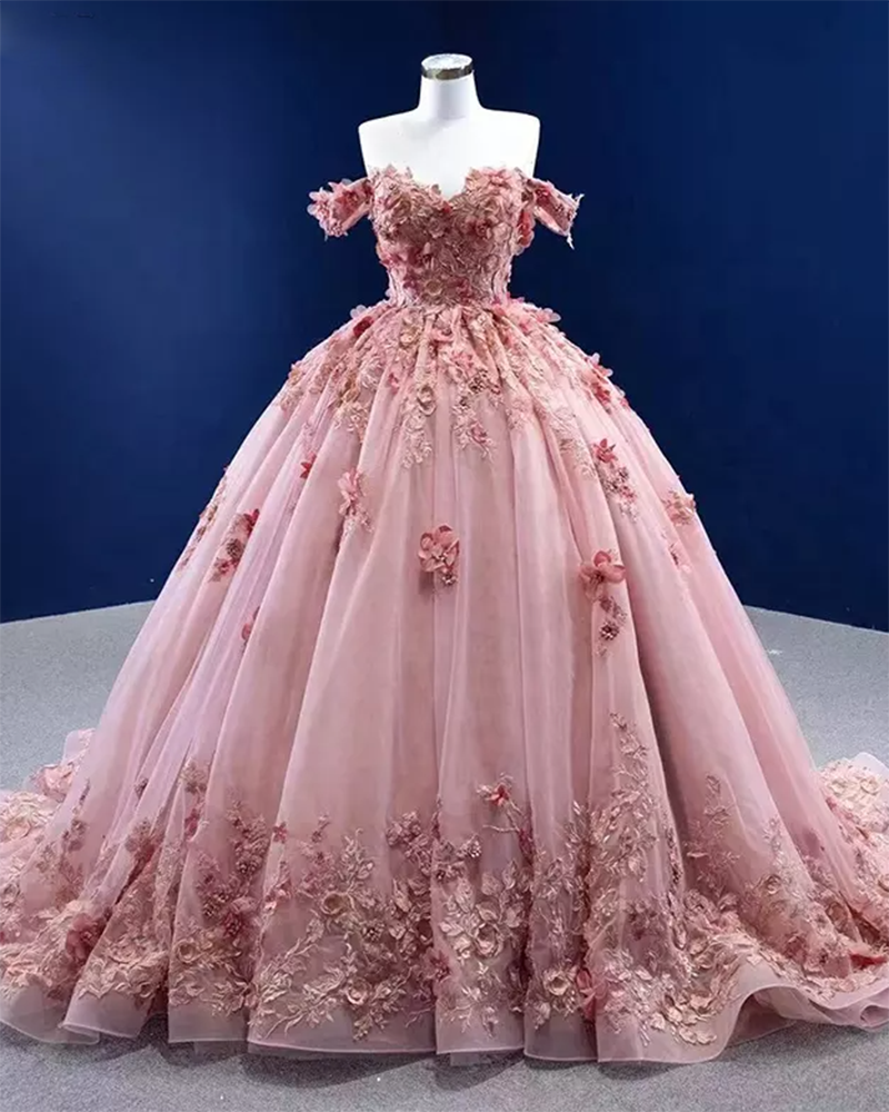 Beautiful Off The Shoulder Lace Appliqued  Pink Quinceanera Dress  Ball Gown PL1214