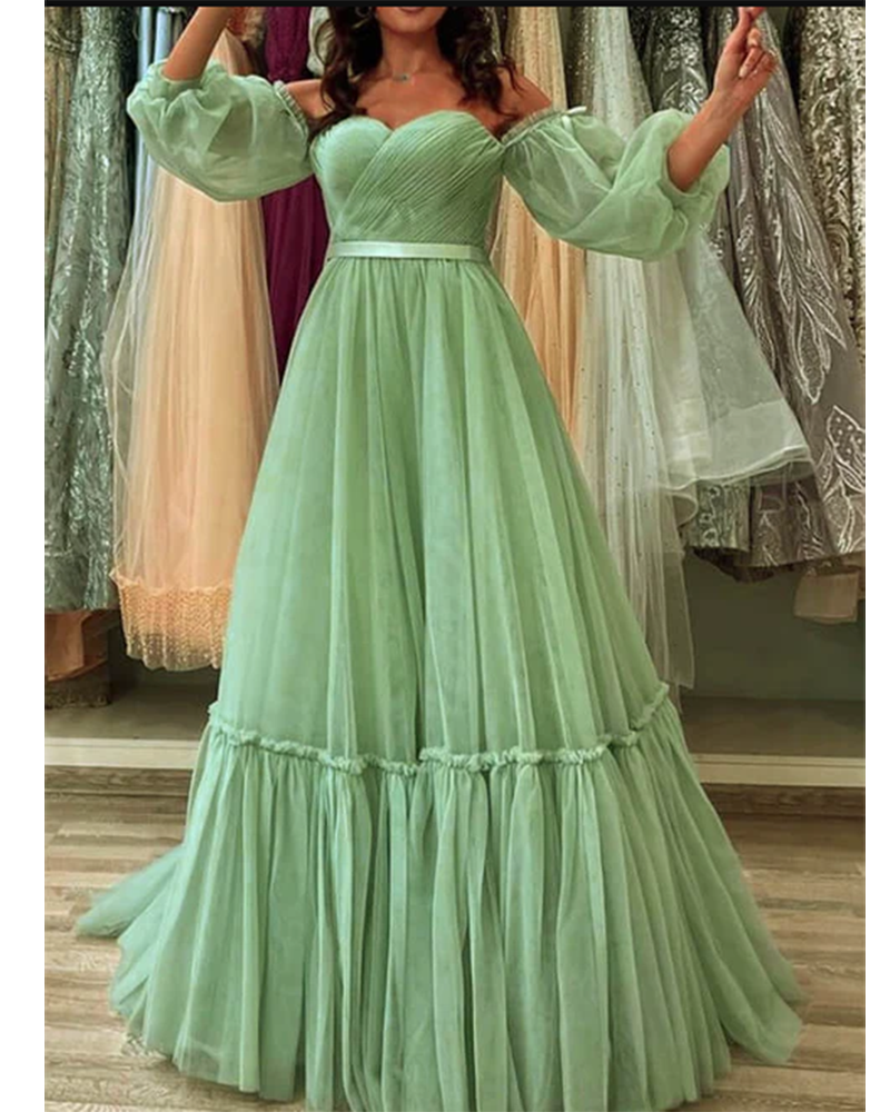 Light Green Long Sleeves tulle Prom Formal Dress for Women PL2923