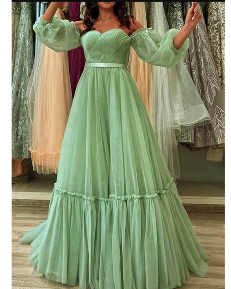 Vestido formal de fiesta de tul con mangas largas de color verde claro para mujer PL2923
