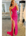 Sexy Hot Pink Velvet Sequins Fitted One Shoulder Dress PL86555