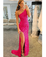 Sexy Hot Pink Velvet Sequins Fitted One Shoulder Dress PL86555